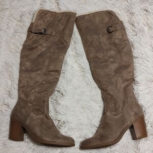 Sugar "Winkie" Faux Suede Over-The-Knee Boots Taupe High-Heel Faux Fur 8.5 8½